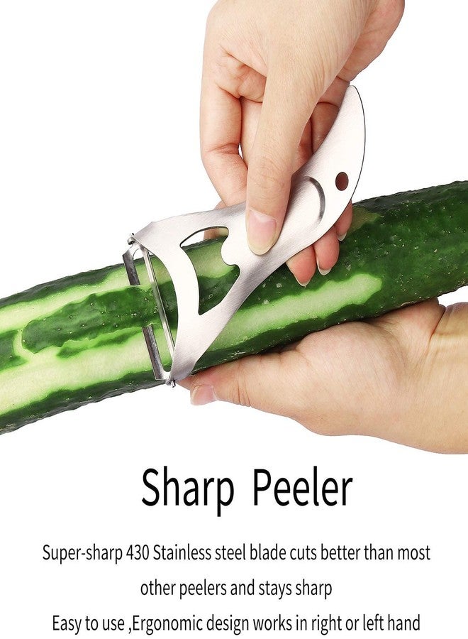 هاري - مقشرة خضراوات للمطبخ، مقشرة دوارة متعددة الوظائف من الفولاذ المقاوم للصدأ للتفاح والبطاطس والجزر والخيار والفواكه والخضراوات بتصميم مريح مانع للانزلاق (اللون: فضي) - Image 4